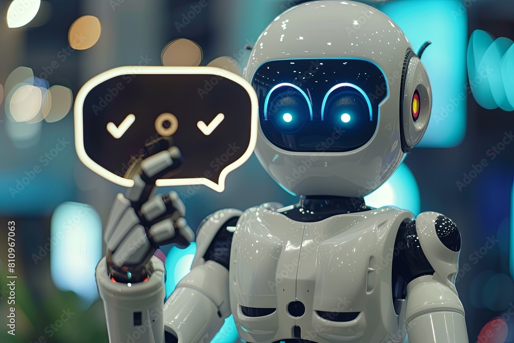 Poster a robot is shown holding a cell phone with a speech bubble above it, indicating communication or mes