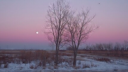    a full moon appears between two naked trees against a white backdrop of snow-covered fields
