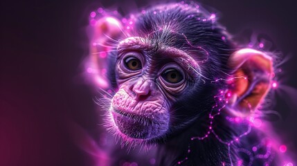  Digital art depicting a monkey with luminescent purple and pink lighting on its face and back