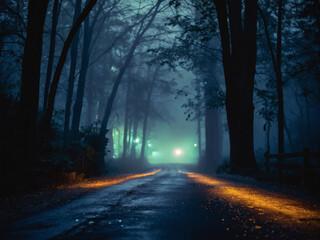 Haunting Haze, Spooky Forest Bathed in Moonlight, Abstract Bokeh Illuminating Asphalt