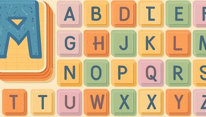 neatly arranged set of Scrabble tiles spelling out the entire English alphabet in uppercase letters, meticulously arranged on a wooden surface background
