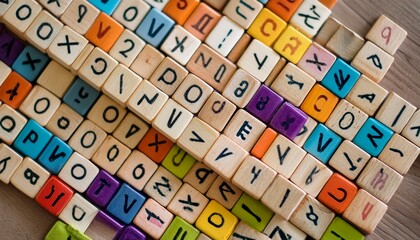 neatly arranged set of Scrabble tiles spelling out the entire English alphabet in uppercase letters, meticulously arranged on a wooden surface background