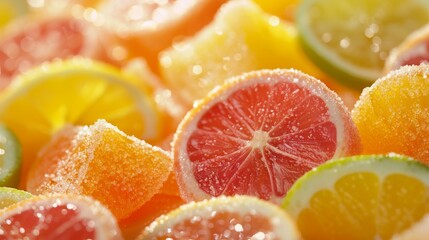 Colorful jelly candies with fresh citrus zest on a sunny day