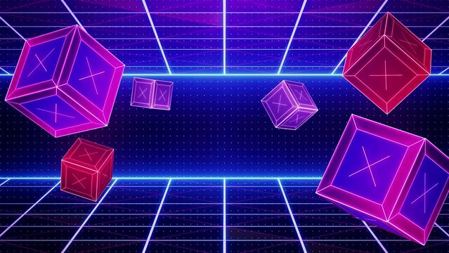 Retro synthwave 80s-90s Sci-Fi background futuristic grid landscape neon. Digital Cyber Surface. Suitable for design in the style of the 1980`s. 3D illustration