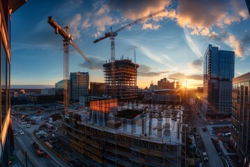Sunset at urban construction site with cranes and buildings
