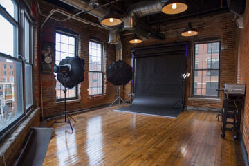 Loft style photo studio with brick walls and large windows