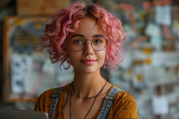 Close-up of a stylish young woman with pink curly hair and round glasses in a creative workspace