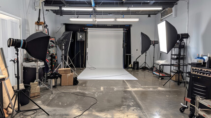 Modern photography studio with white backdrop and lighting equipment