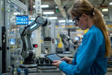 Focused female technician adjusting industrial robot in tech facility