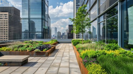 Rooftop green space with plant beds and city skyline backdrop