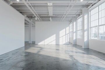 Empty modern minimalist photo studio with large windows