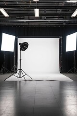 Professional photography studio with lighting equipment and white backdrop
