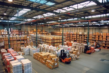Warehouse with forklift and neatly organized goods during daytime