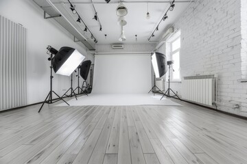 Modern professional photography studio with white cyclorama