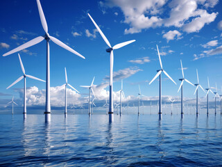 Serene offshore wind farm with multiple turbines and blue sky