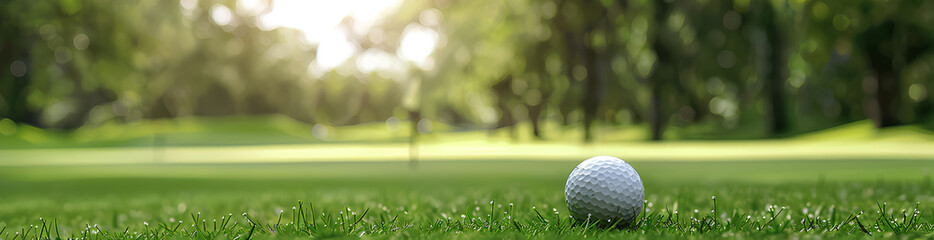 Golf ball on the green grass of a golf course, with a blurred background banner design containing blank spaces for text and images, in the style of a golf concept banner template. 