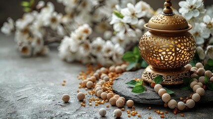 golden lantern, wooden rosary beads and small flowers on a white background for a ramadan celebration