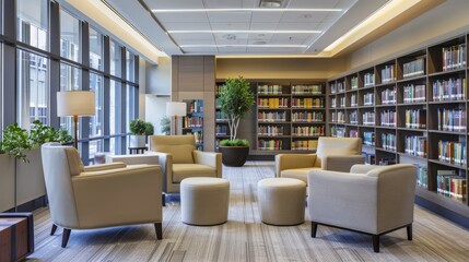 Modern library interior with comfortable seating and large windows