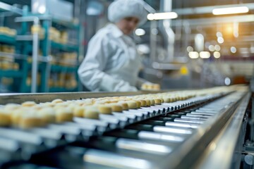 Automated bakery production line with female worker in background