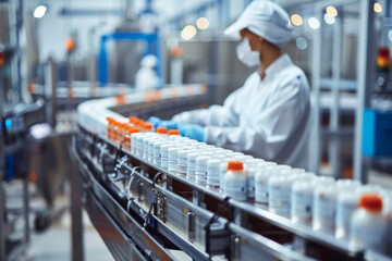 Quality assurance in pharmaceuticals, female worker and product line