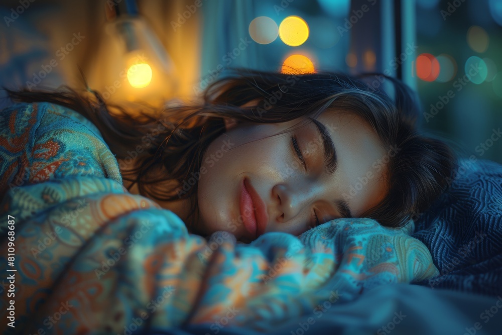 Poster an individual is taking a restful sleep under a colorful quilt, with soft lighting enhancing the com