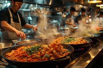 Obraz premium Close-up shot of dinner being prepared in a commercial kitchen, with focus on the vibrant colors and textures of the food