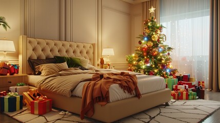 New Year's bedroom with a beige king-sized bed, lit Christmas tree, and colorful gifts, in a bright cozy setting.
