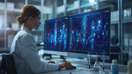  A female scientist wearing a lab coat works on a computer in a laboratory.