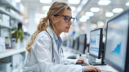  A female doctor wearing glasses uses a computer in a hospital or clinic.