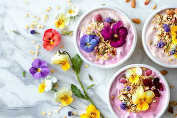 Aesthetic composition of pastel-colored smoothie bowls, garnished with edible flowers, nuts, and seeds, on a marble surface