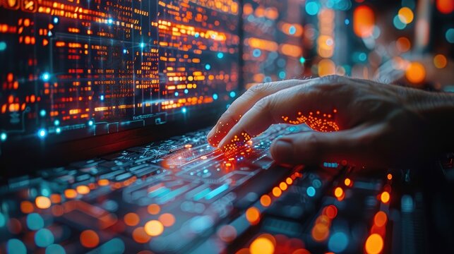 A computer programmer types on a keyboard while a screen displays a visualization of data.