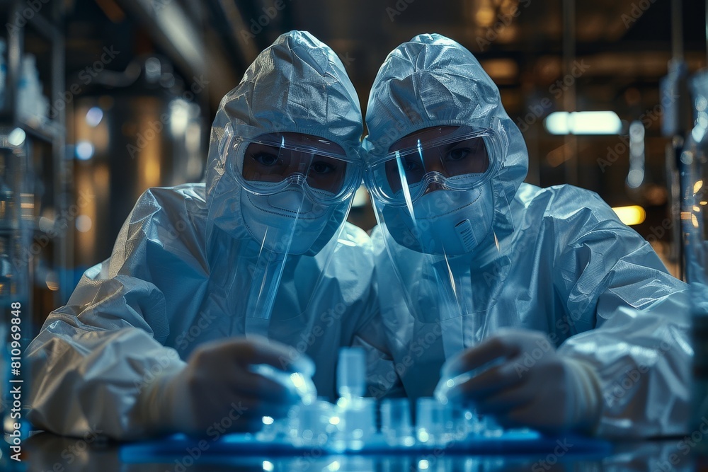 Poster two scientists in protective suits engaged in research within a high-tech lab environment