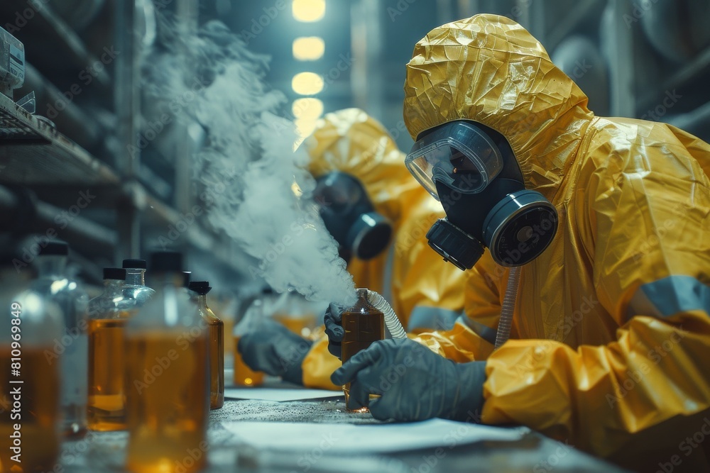 Poster a scientist in a hazmat suit meticulously handling dangerous materials in a controlled laboratory se