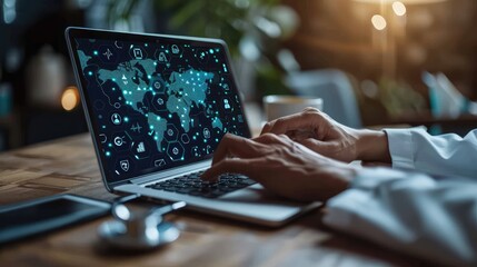 A doctor is using a laptop with a world map and medical icons on the screen.