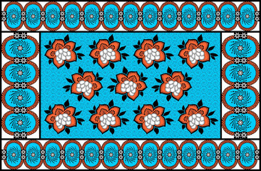 African Wax Print fabric, Ethnic overlap ornament seamless design, Khanga pattern motifs floral elements. khanga texture, colorful textile Ankara fashion style. New Design For Fabric.