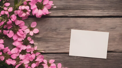 Fototapeta premium wooden background with flowers with paper note empty space for greeting message. Love and greeting concept design. AI generated image, ai