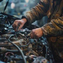 Professional photo captures a man meticulously working under the hood, illuminated by the car's internal light, emphasizing his focus and expertise in nighttime auto repair.