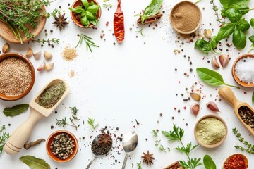 Food background with spices, herbs and utensil on white background - generative ai
