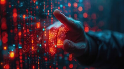 A fingertip touching a digital screen with a binary code background.