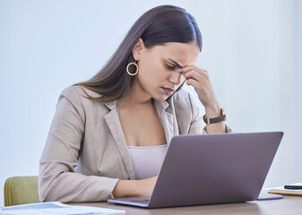 Businesswoman, stressed and office with laptop, headache and deadline for intern goals. Creative...