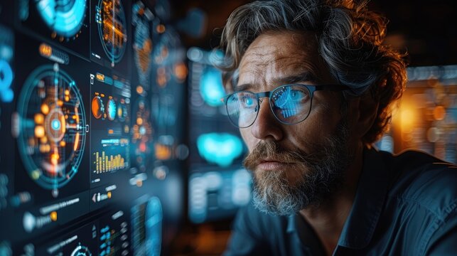 A male data scientist wearing glasses is looking at a futuristic computer screen with a lot of data and graphs.