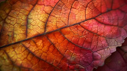 Fototapeta premium An extreme close up of a leaf with vibrant red, orange, yellow and green colors.