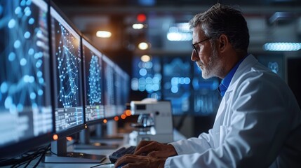 A male scientist works on a computer in a laboratory.