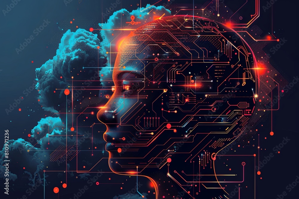 Poster a womans head with a circuit board designed in the shape of a brain, symbolizing the fusion of techn