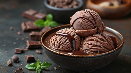 decadent chocolate treats, a bowl of homemade chocolate ice cream drizzled with chocolate sauce: a tempting and irresistible dessert option