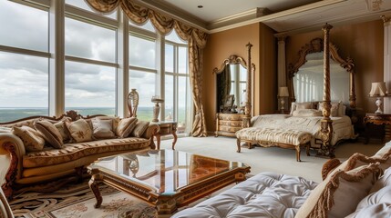 A bedroom-living room interior with a panoramic window, featuring an ornate four-poster bed, classic sofa, and a large mirror.