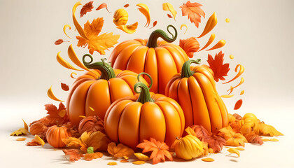 Autumn Pumpkin 3D Caricature with Rich Orange Colors, Group of Vibrant 3D Pumpkins in Autumn Scene