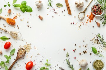 Food background with spices, herbs and utensil on white background - generative ai