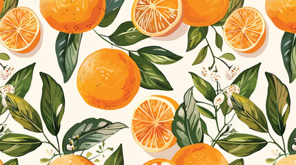 Oranges and leaves Seamless background Vector illustration