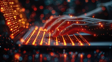 A person types on a laptop keyboard, with a red particle effect.